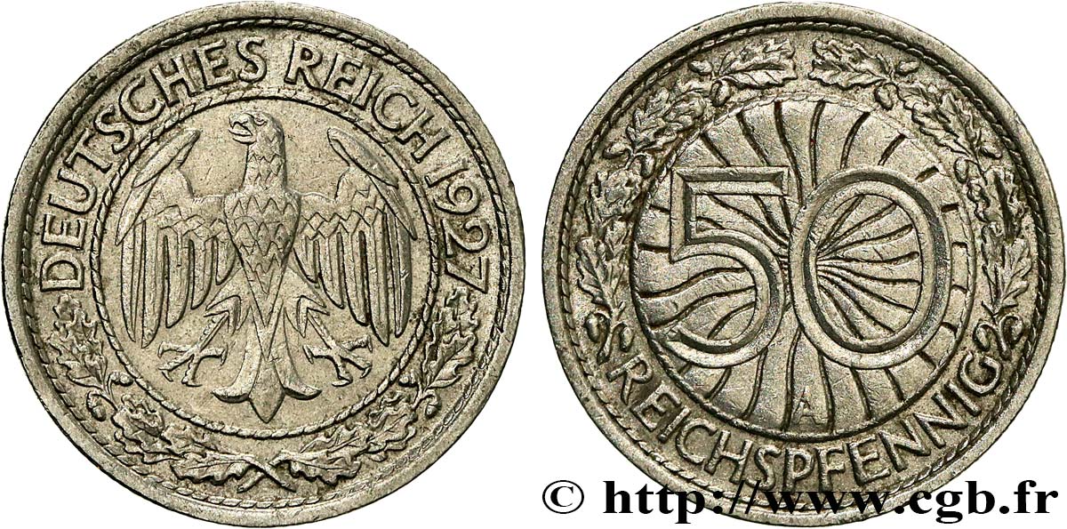 DEUTSCHLAND 50 Reichspfennig aigle 1927 Berlin VZ 