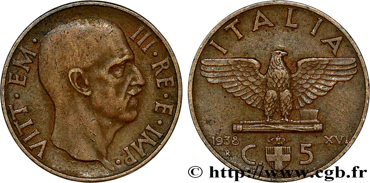 ITALY 5 Centesimi  Victor Emmanuel III 1938 Rome - R XF 