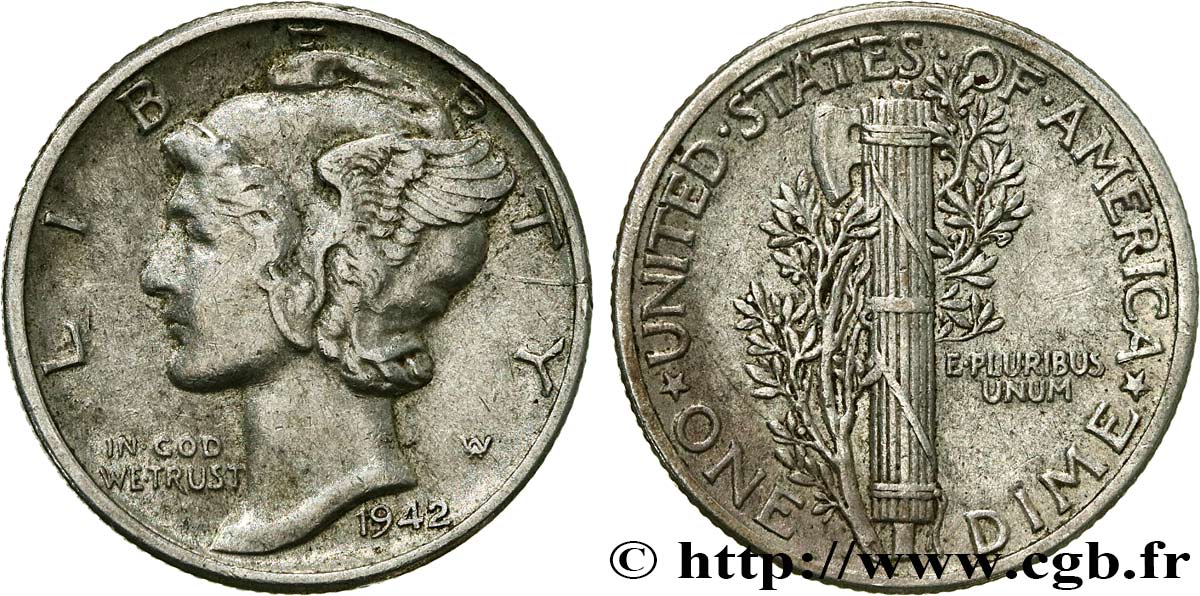 UNITED STATES OF AMERICA 1 Dime Mercury 1942 Philadelphie AU 