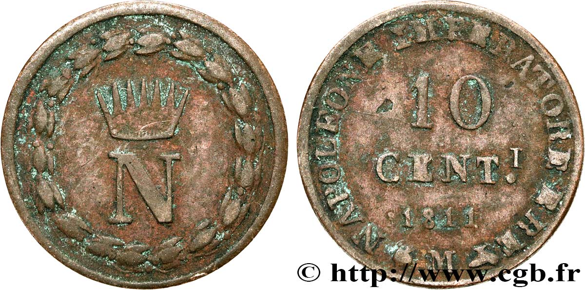 ITALY - KINGDOM OF ITALY - NAPOLEON I 10 centesimi 1811 Milan VF 
