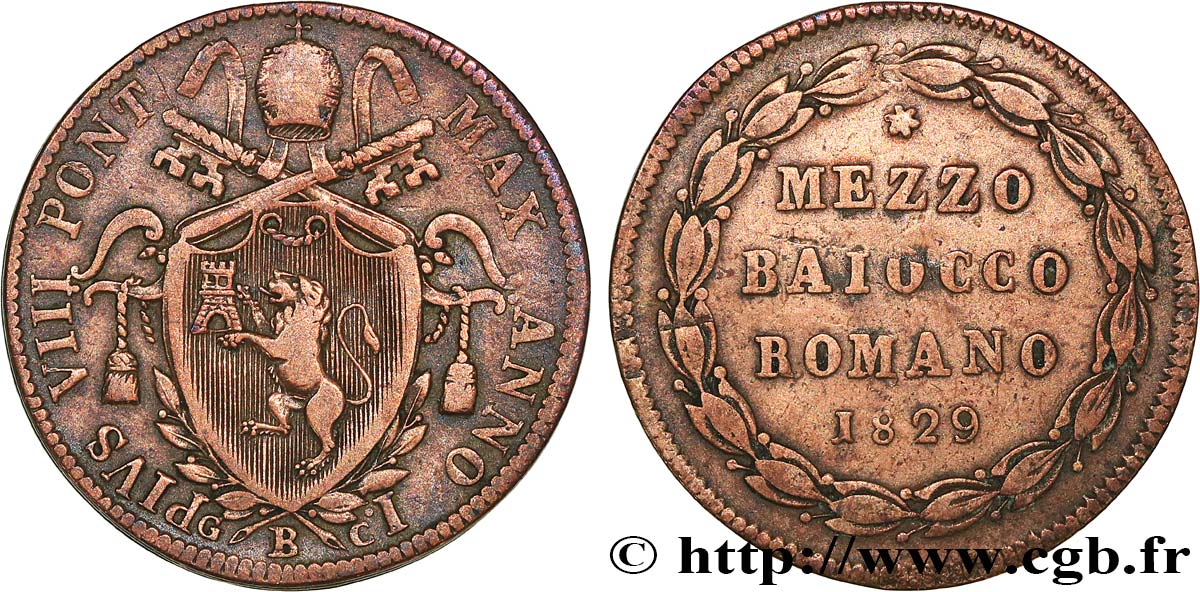 VATICAN AND PAPAL STATES 1/2 Baiocco Pie VIII an I 1829 Rome XF 