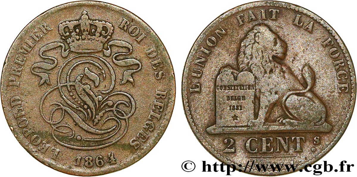 BELGIUM 2 Centimes Léopold Ier 1864  XF 