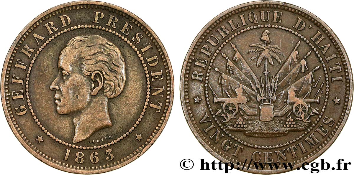 HAÏTI 20 Centimes président Geffrard 1863 Heaton TTB+ 
