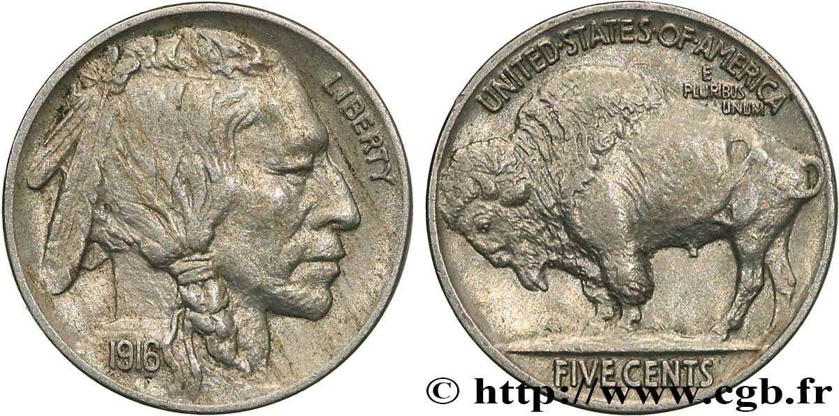ÉTATS-UNIS D&nbsp;AMÉRIQUE 5 Cents Tête d’indien ou Buffalo 1916 Philadelphie TTB 