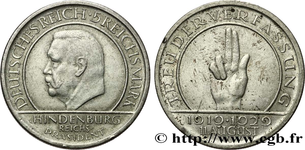 ALLEMAGNE 5 Reichsmark 10e anniversaire de la République  1929 Berlin TTB+ 