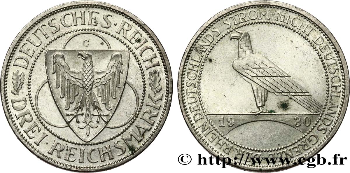 GERMANY 3 Reichsmark Libération de la Rhénanie 1930 Karlsruhe AU/XF 
