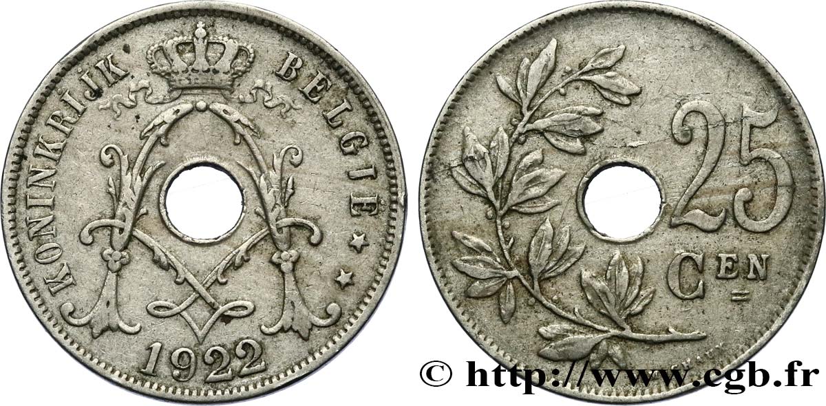 BELGIQUE 25 Centiemen (Centimes) 1922  TTB 