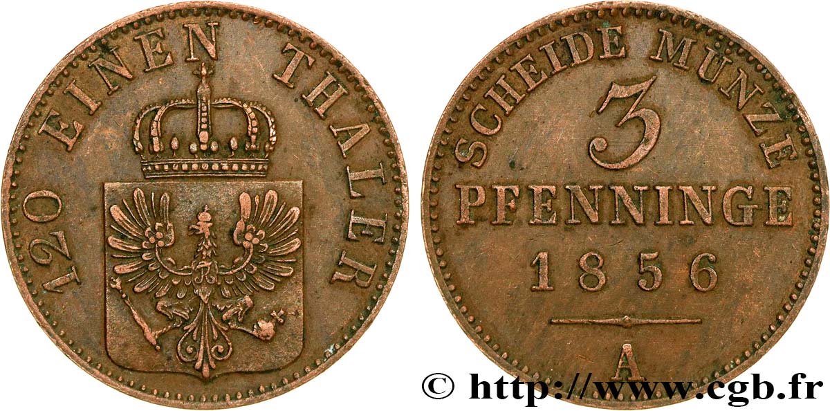 ALLEMAGNE - PRUSSE 3 Pfenninge Royaume de Prusse écu à l’aigle 1856 Berlin SUP 