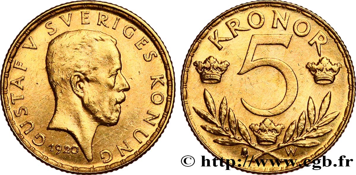 SWEDEN 5 Kronor Gustave V 1920  AU 
