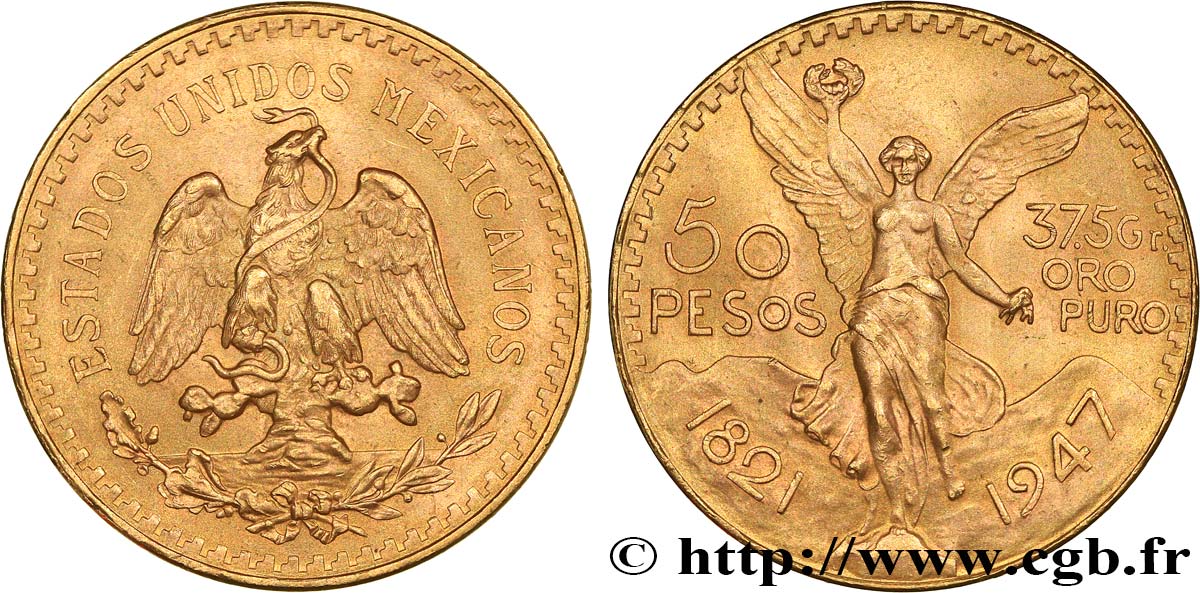 INVESTMENT GOLD 50 Pesos or 1947 Mexico AU 