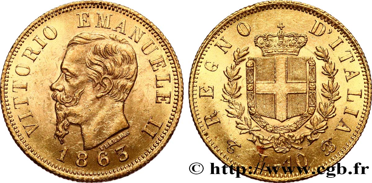 ITALIA 10 Lire Victor Emmanuel II 1863 Turin EBC/SC 