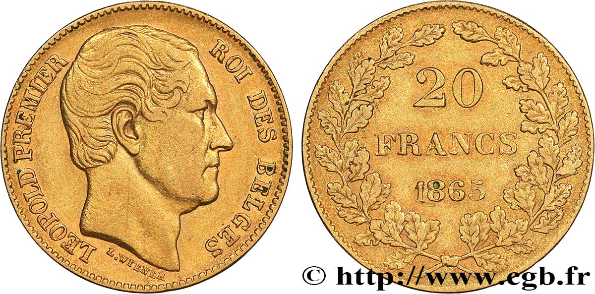 INVESTMENT GOLD 20 Francs Léopold Ier 1865 Bruxelles BB 