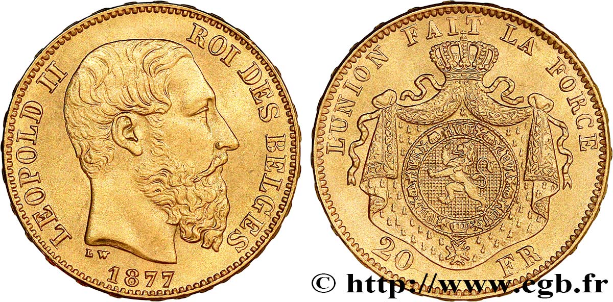 INVESTMENT GOLD 20 Francs Léopold II 1877 Bruxelles MBC+ 
