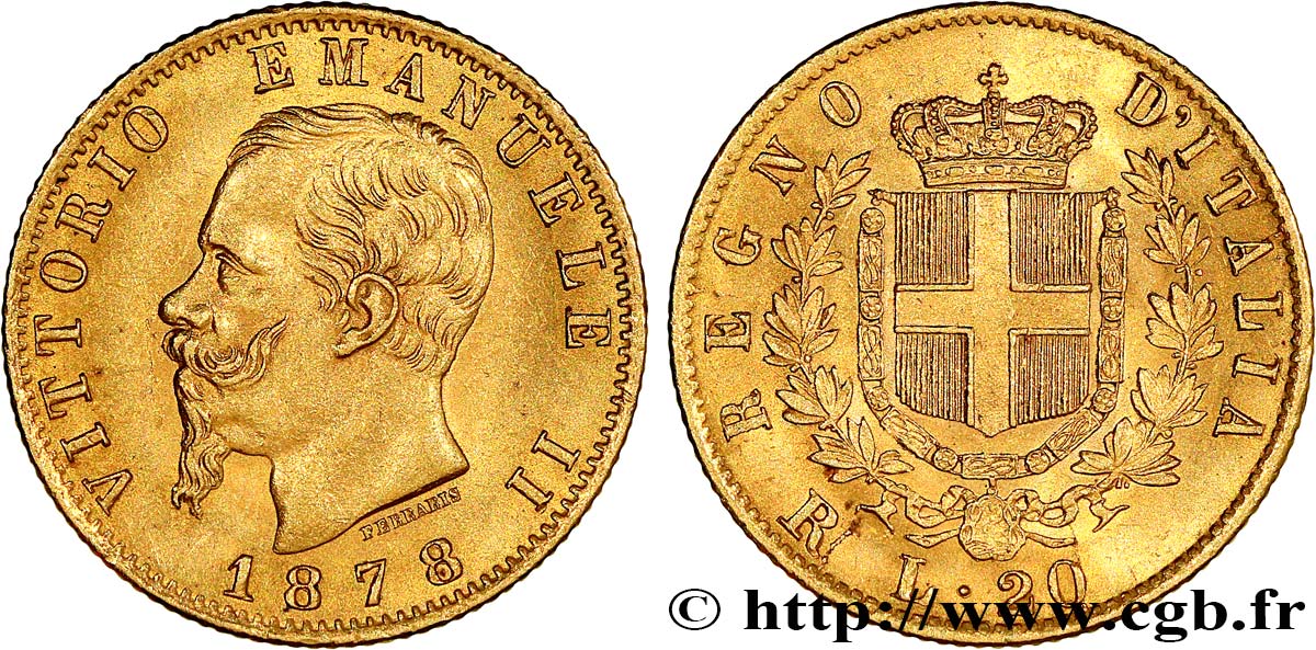 INVESTMENT GOLD 20 Lire Victor Emmanuel II 1878 Rome fVZ 