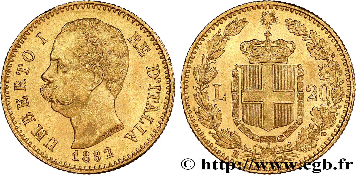 OR, PALLADIUM ET PLATINE INVESTISSEMENT 20 Lire Umberto Ier 1882 Rome TTB+ 