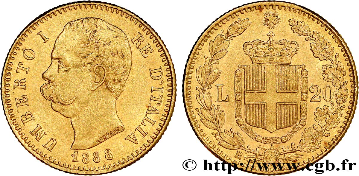 INVESTMENT GOLD 20 Lire Umberto Ier 1888 Rome AU 