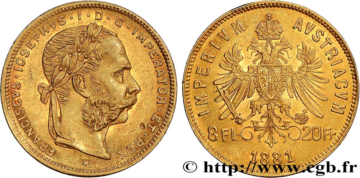 INVESTMENT GOLD 8 Florins ou 20 Francs or François-Joseph Ier 1881 Vienne VZ 