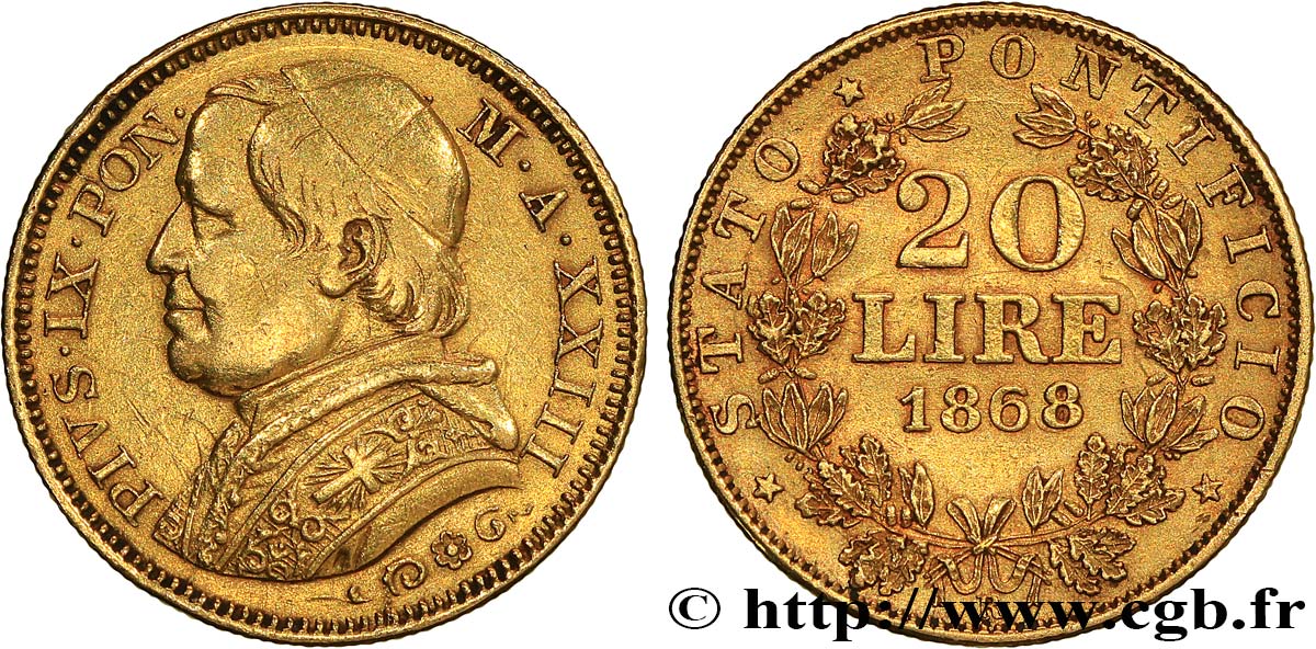 INVESTMENT GOLD 20 Lire Pie IX an XXIII 1868 Rome SS 