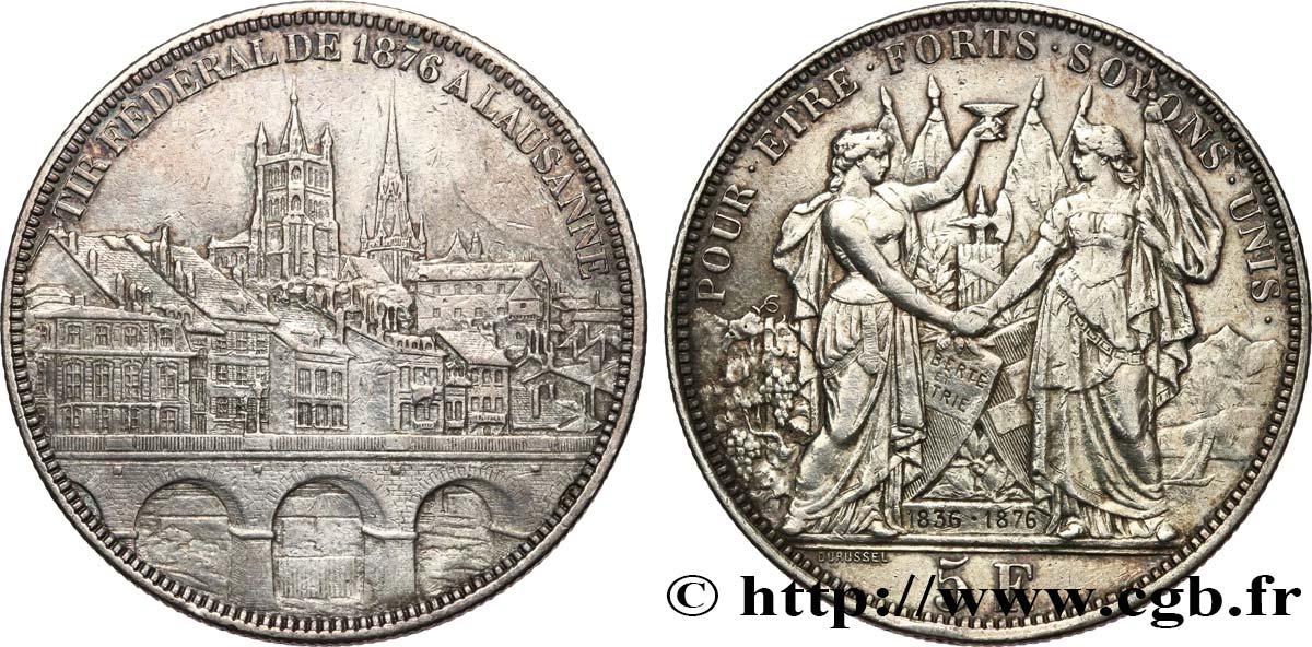 SVIZZERA  5 Francs, monnaie de Tir, Lausanne 1876  BB 