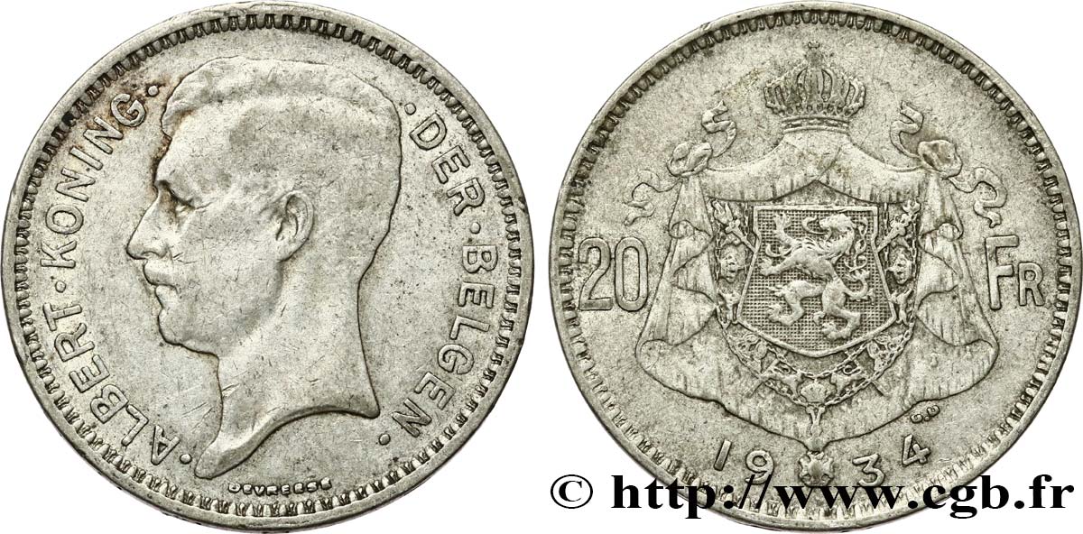 BELGIUM 20 Franken (Francs) Albert Ier légende Flamande 1934  XF 