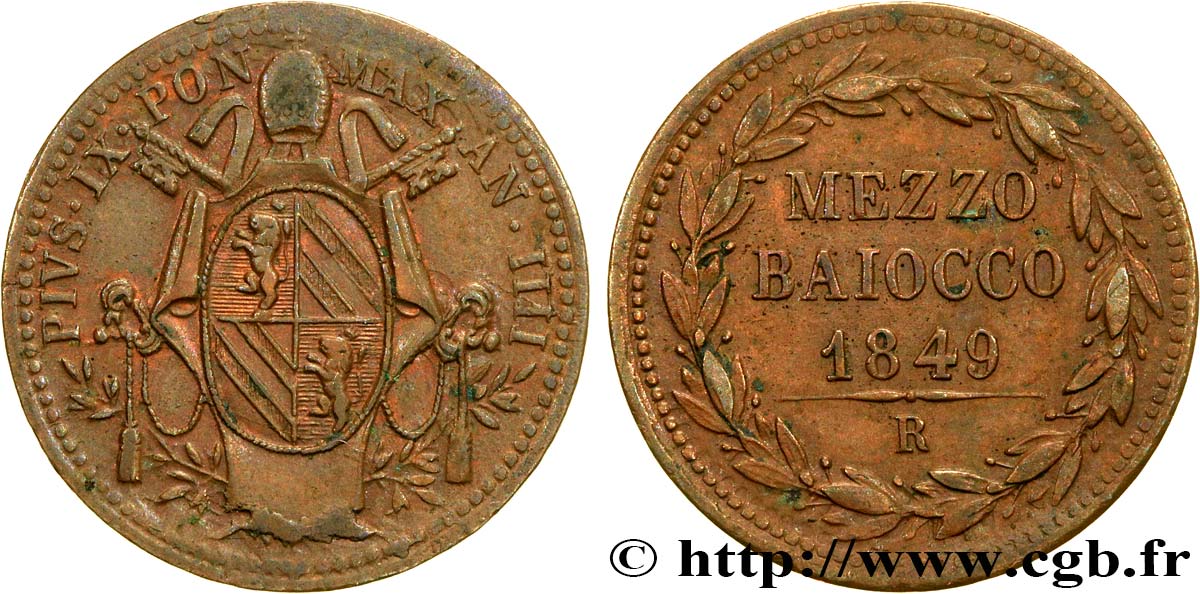 VATICAN AND PAPAL STATES 1/2 Baiocco Pie IX an IIII 1849 Rome AU 