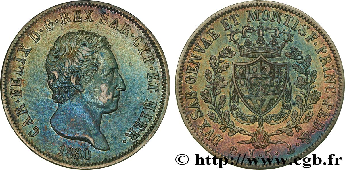 ITALIEN - KÖNIGREICH SARDINIEN 5 Lire Charles-Félix 1830 Turin fVZ 