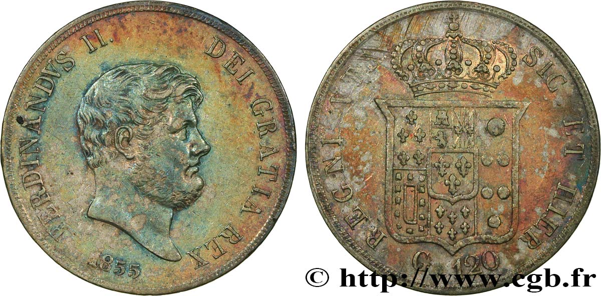 ITALY - KINGDOM OF TWO SICILIES 120 Grana Ferdinand II  1855 Naples XF 