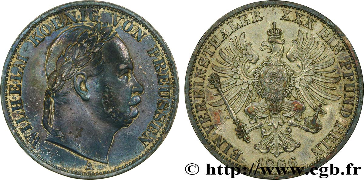 GERMANIA - PRUSSIA 1 Thaler Guillaume Ier tête laurée 1866 Berlin q.SPL 