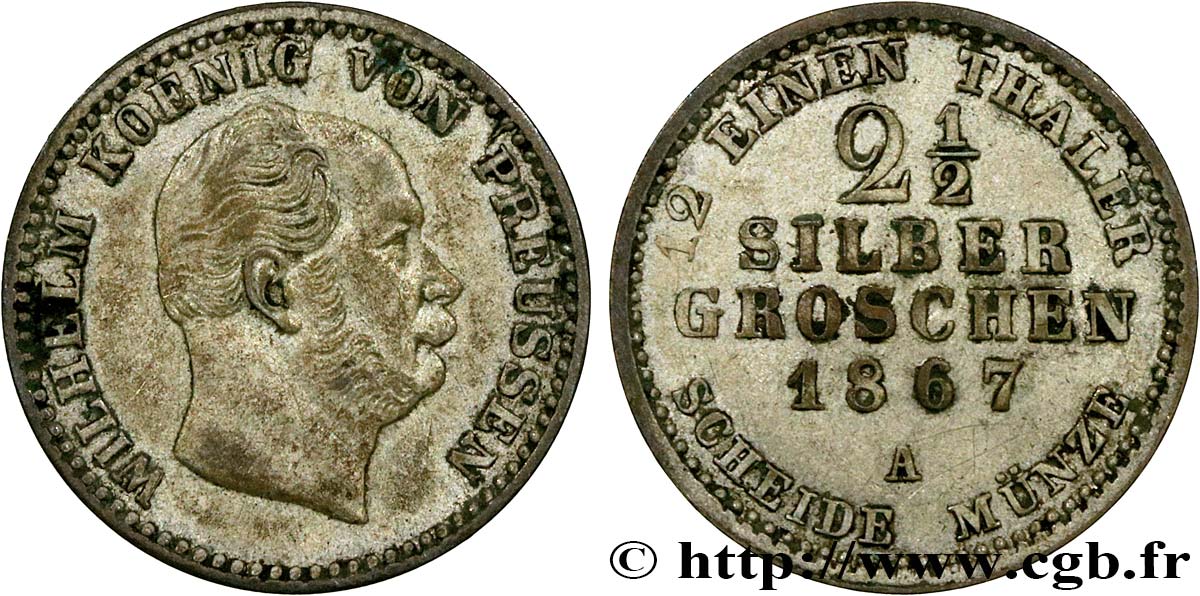 GERMANY 2 1/2 Silbergroschen (1/12 Thaler) Guillaume 1867 Berlin XF 