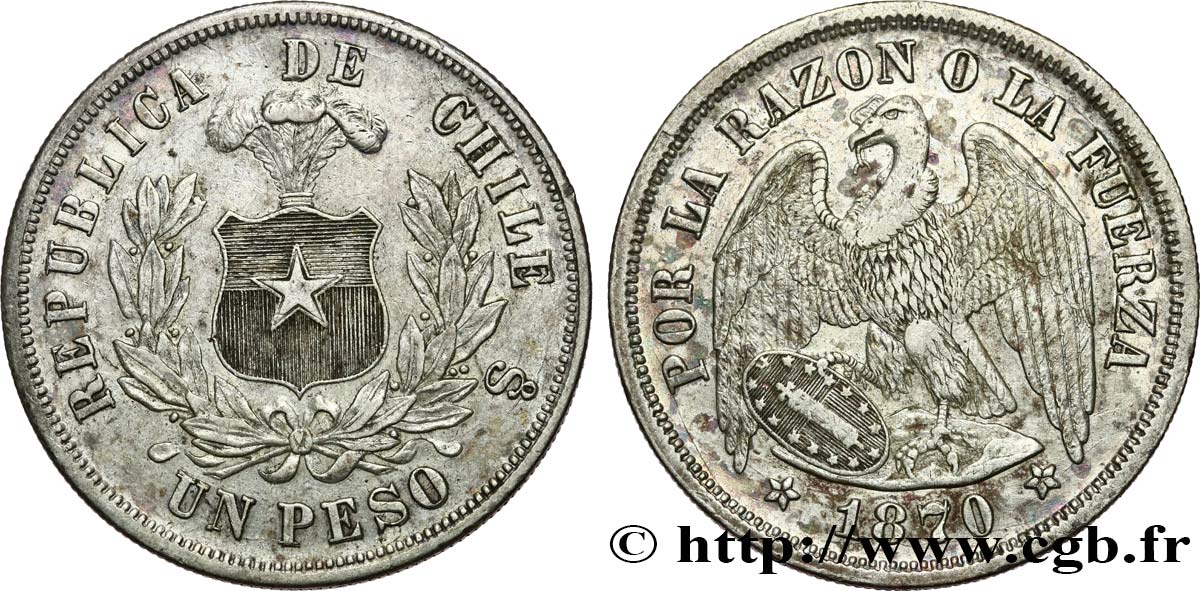 CHILI 1 Peso 1870 Santiago - S° TTB 