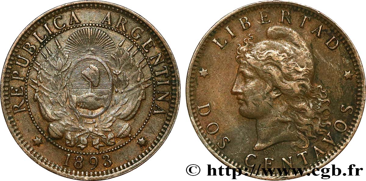 ARGENTINA 2 Centavos 1893  XF 