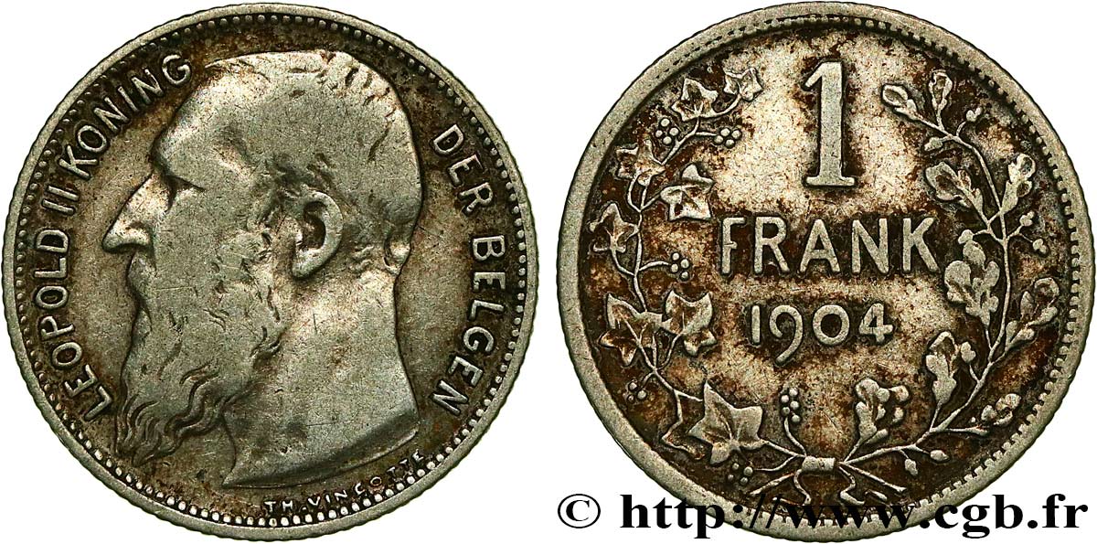 BELGIQUE 1 Frank (Franc) Léopold II légende en flamand 1904  TB+ 