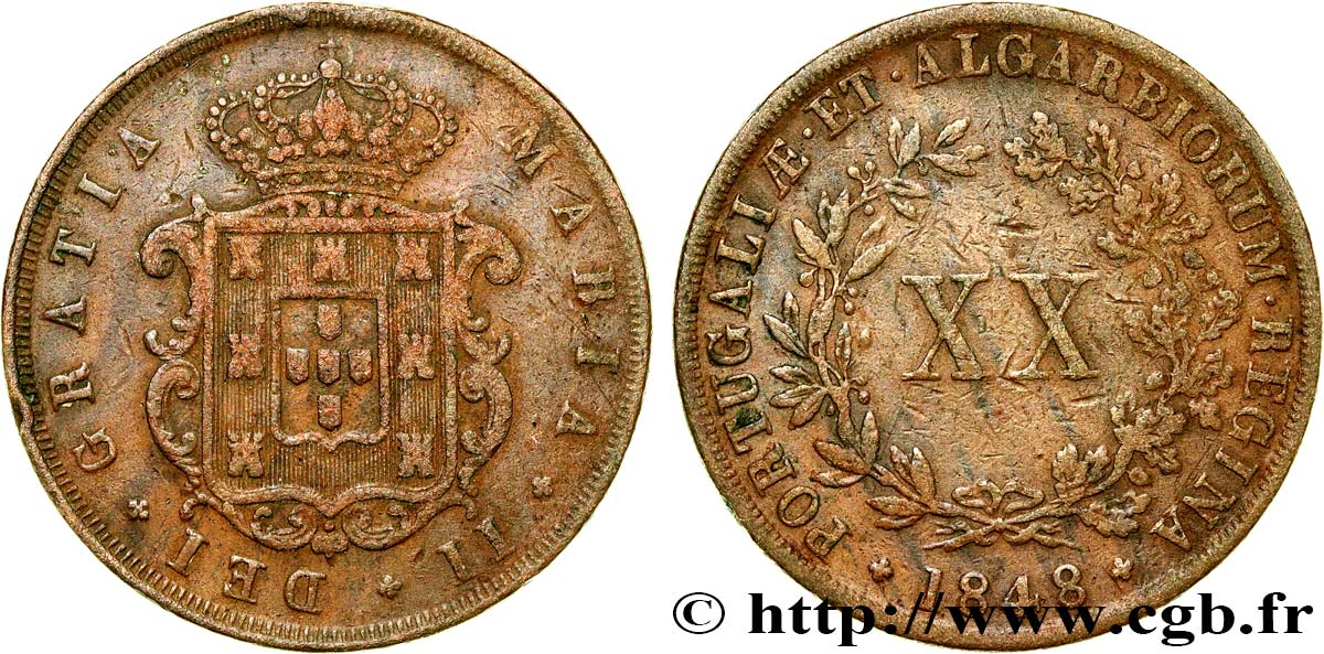 PORTUGAL 20 Reis Marie II 1848  TB+ 