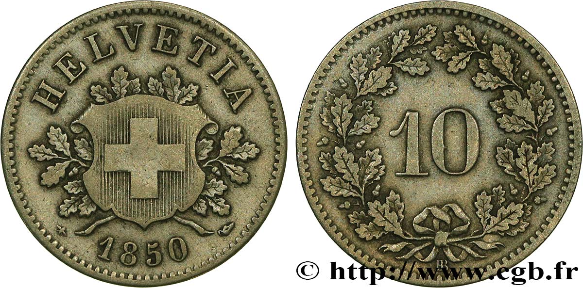 SUISSE 10 Centimes (Rappen) croix suisse 1850 Strasbourg - BB TTB 