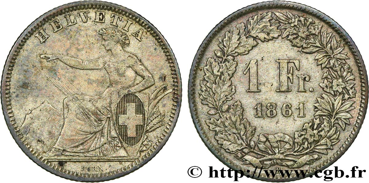 SWITZERLAND 1 Franc Helvetia assise 1861 Berne XF 