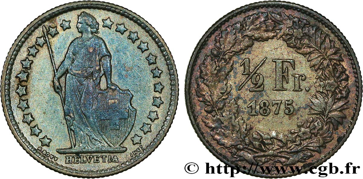 SWITZERLAND 1/2 Franc Helvetia 1875 Berne - B XF 