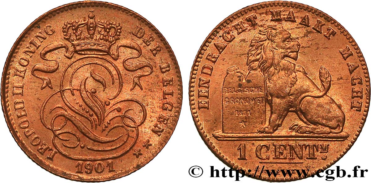BELGIQUE 1 Centime lion monogramme de Léopold II légende en français 1901  SPL 