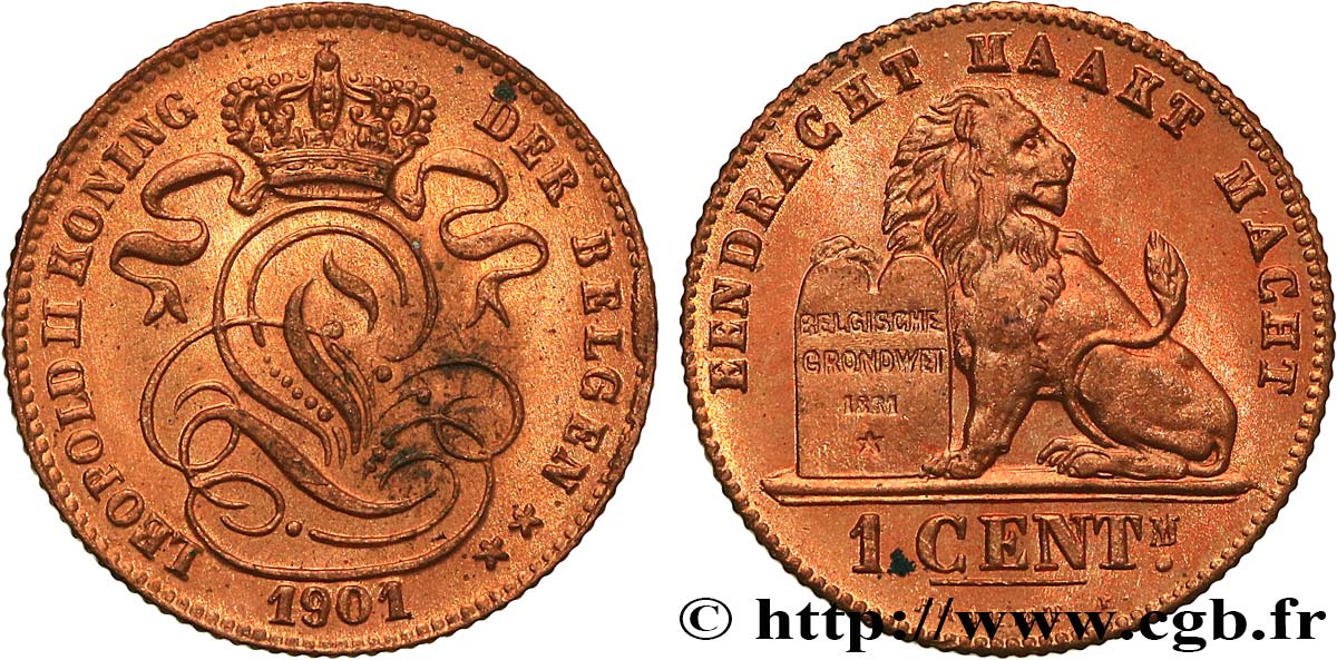 BELGIEN 1 Centime lion monogramme de Léopold II légende en français 1901  VZ 