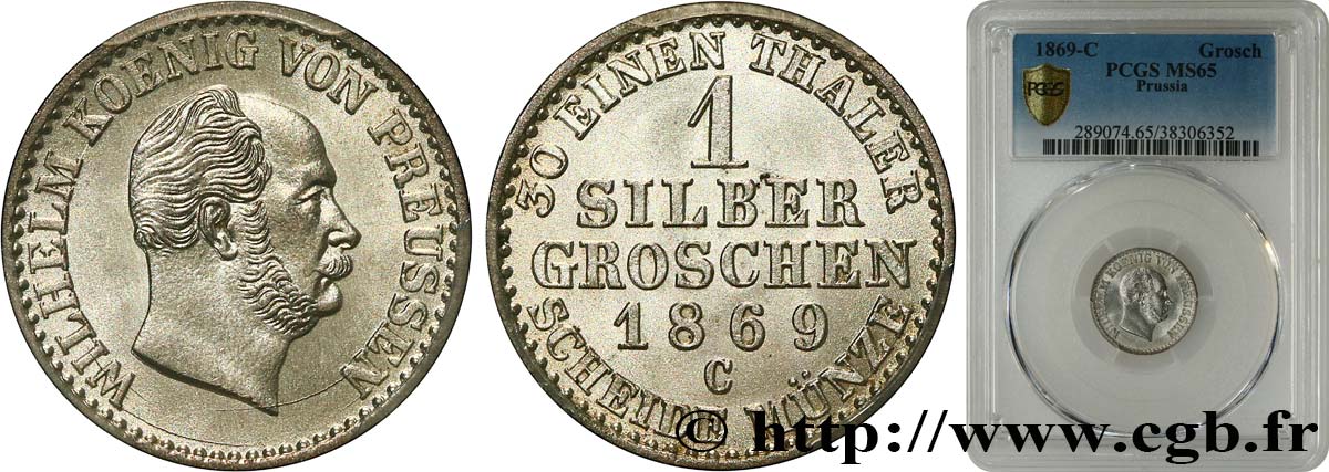 ALEMANIA - PRUSIA 1 Silbergroschen (1/30 Thaler) Guillaume 1869 Francfort - C FDC65 PCGS