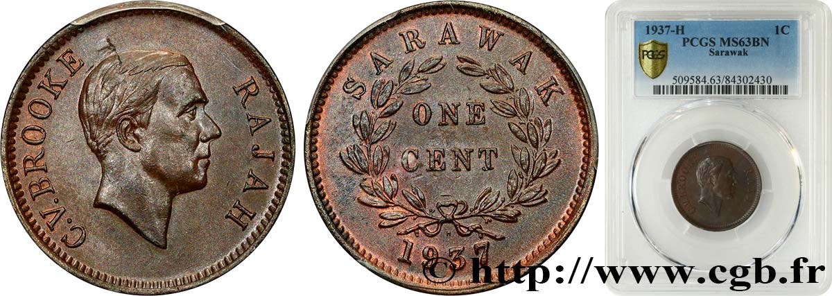 SARAWAK 1 Cent Sarawak Rajah C.V. Brooke 1937 Heaton SC63 PCGS