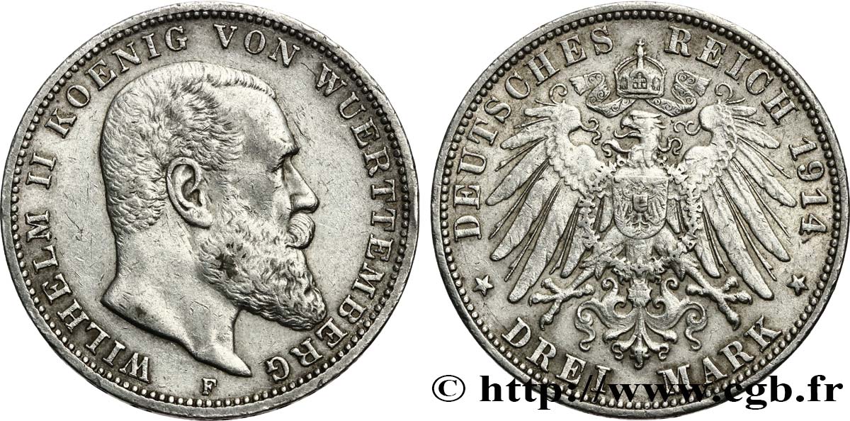 ALEMANIA - WURTEMBERG 3 Mark Guillaume II 1914 Stuttgart MBC 