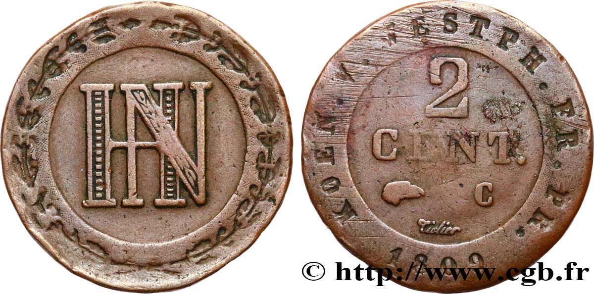 GERMANY - KINGDOM OF WESTPHALIA 2 Centimes monogramme Jérôme Napoléon 1809 Cassel VF 