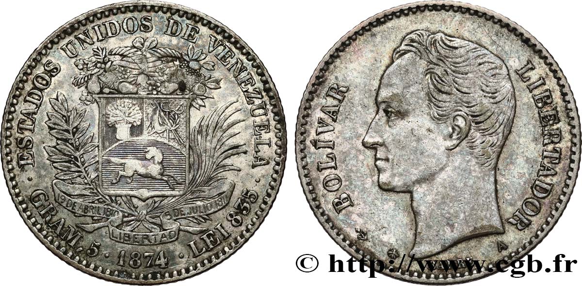 VENEZUELA 20 centavos Simon Bolivar, petit A 1874 Paris BB 