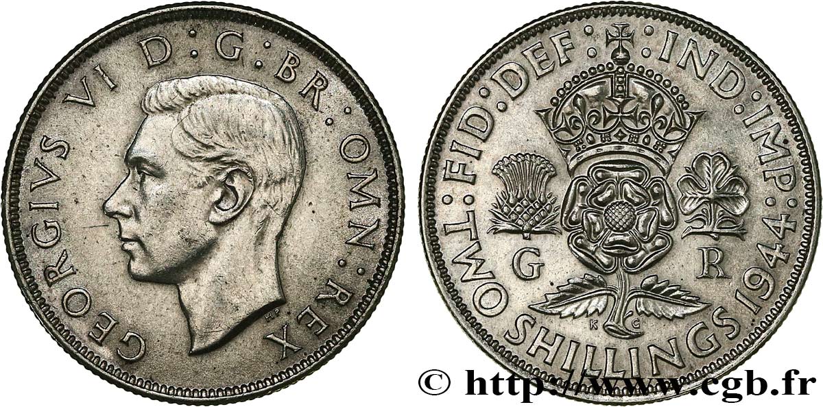 UNITED KINGDOM 1 Florin (2 Shillings) Georges VI 1944  XF 