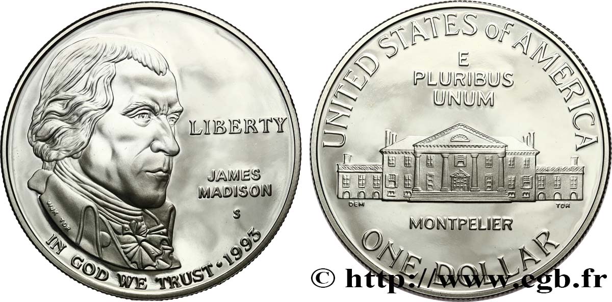 UNITED STATES OF AMERICA 1 Dollar James Madison Proof 1993 San Francisco MS 