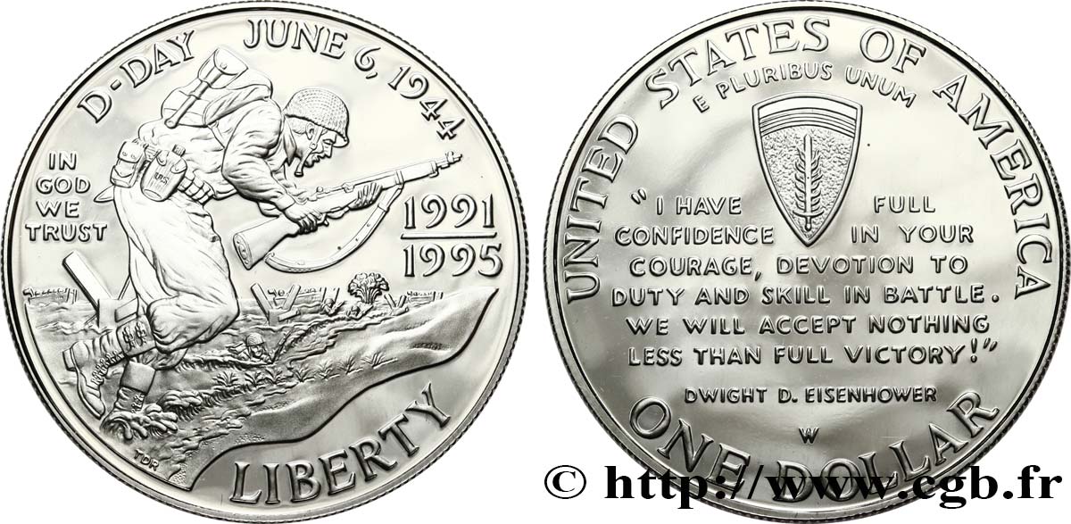 UNITED STATES OF AMERICA 1 Dollar 50e anniversaire de la fin de la Seconde Guerre Mondiale - D-Day 1991 West Point MS 