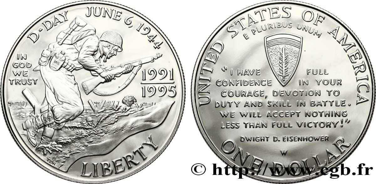 ÉTATS-UNIS D AMÉRIQUE 1 Dollar 50e anniversaire de la fin de la Seconde Guerre Mondiale - D-Day 1991 West Point SPL 