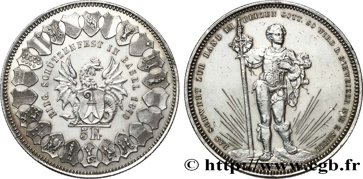 SUISSE 5 Francs, monnaie de Tir, Bâle 1879  TTB 