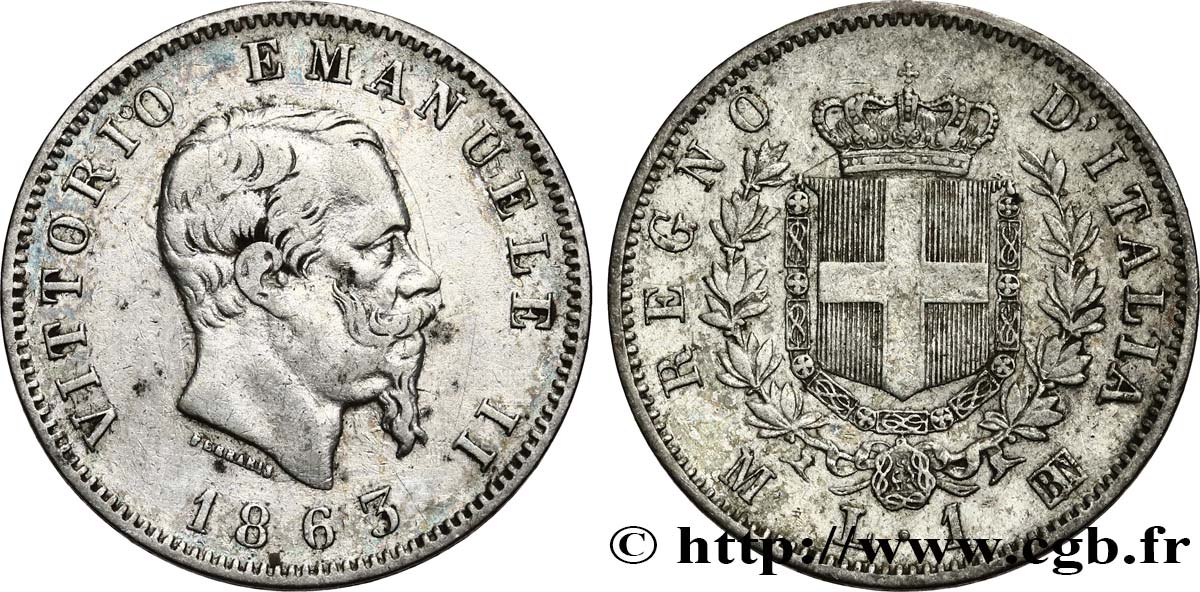 ITALIA 1 Lire Victor Emmanuel II 1863 Milan BB 