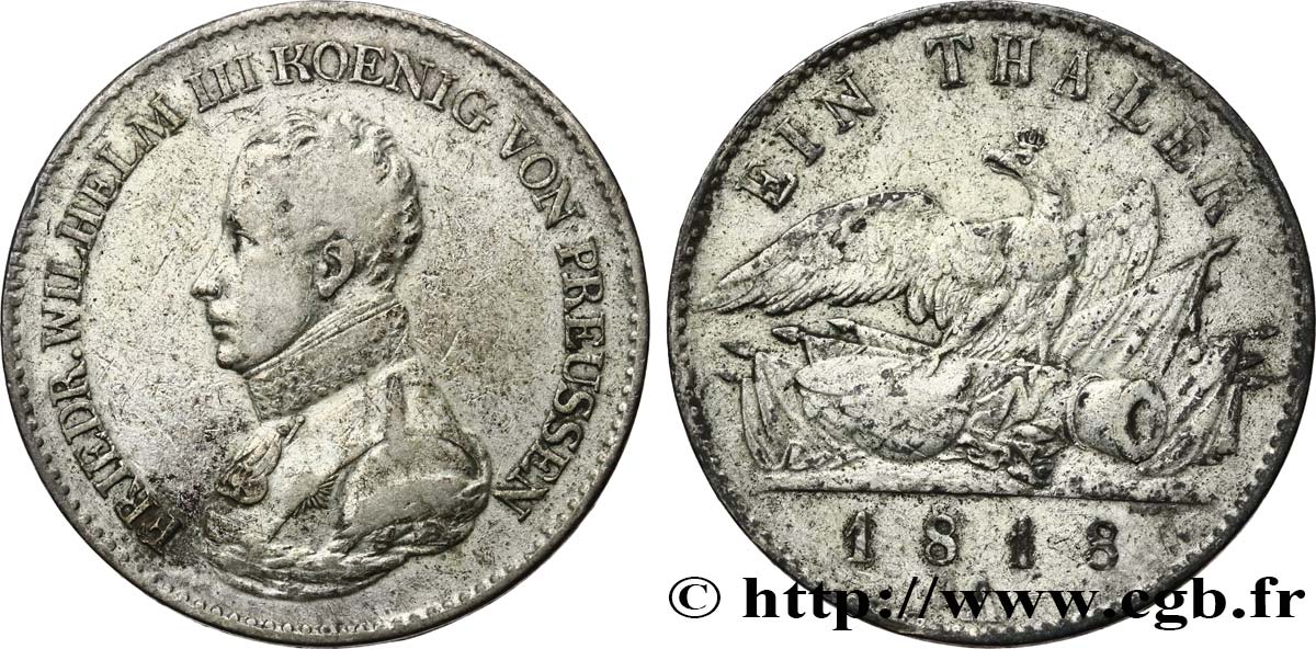 ALEMANIA - PRUSIA 1 Thaler Frédéric-Guillaume III roi de Prusse / aigle 1818 Berlin BC+ 